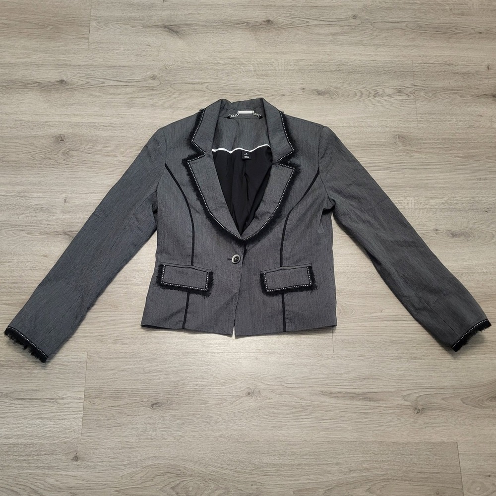WHBM Blazer Jacket Mini Dot Fringed Trim Single Button Y2K Size 8 Dark Fall